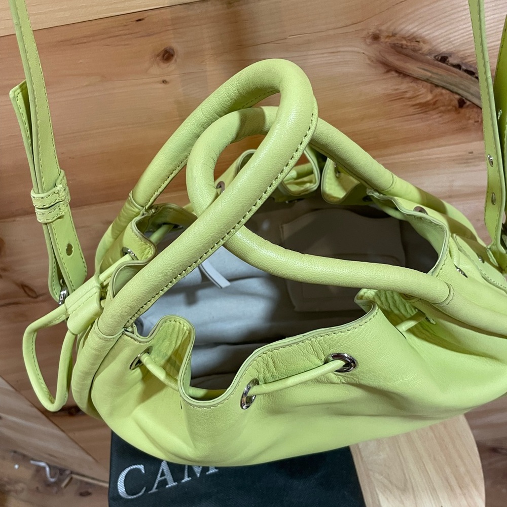NWOT Vince Camuto Faslo Leather Bucket Satchel in Celery with Drawstring Closure - Picture 7 of 16